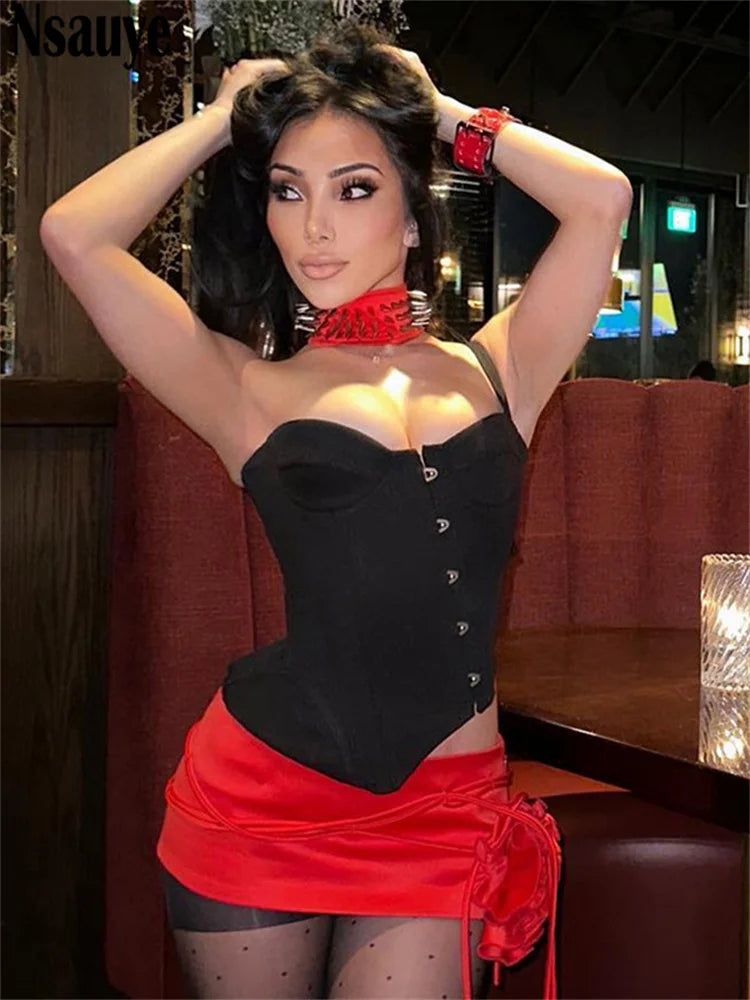 Nsauye Female Sleeveless Off Shoulder Irregular Corset Tank Tops Y2K Clothes Women 2025 Sexy Fashion Black Crop Top Sexy Club