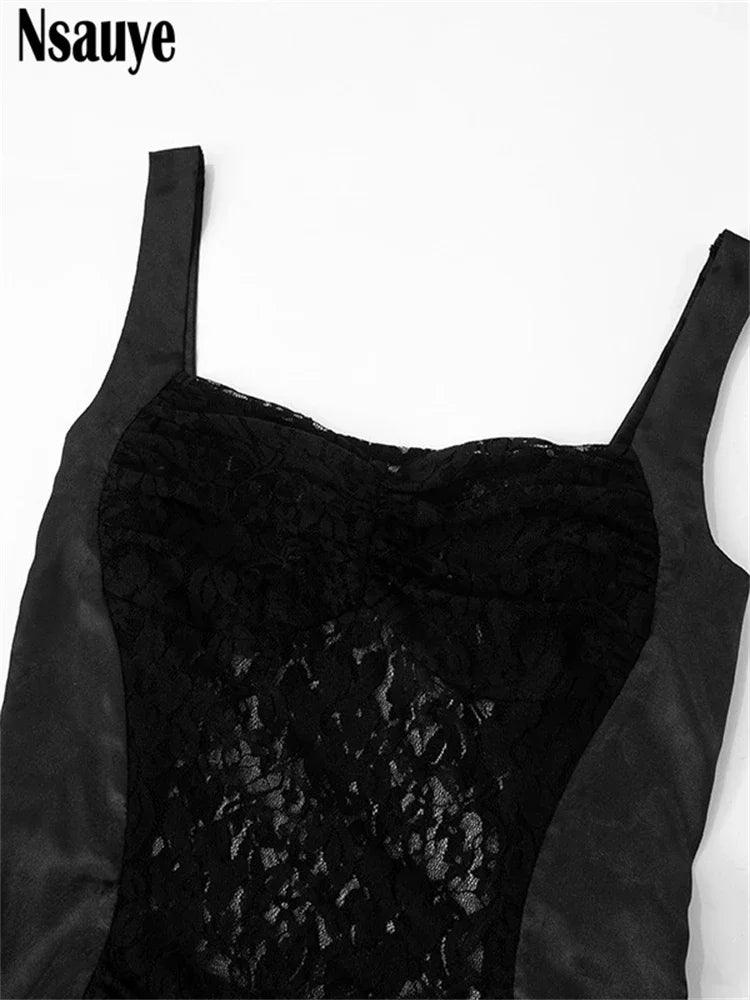 Nsauye Women Sexy Spring Mini Dress 2025 Mini Dress Sexy Bodycon Club Party High Waist Lace Dresses Short Solid Sheath Sundress