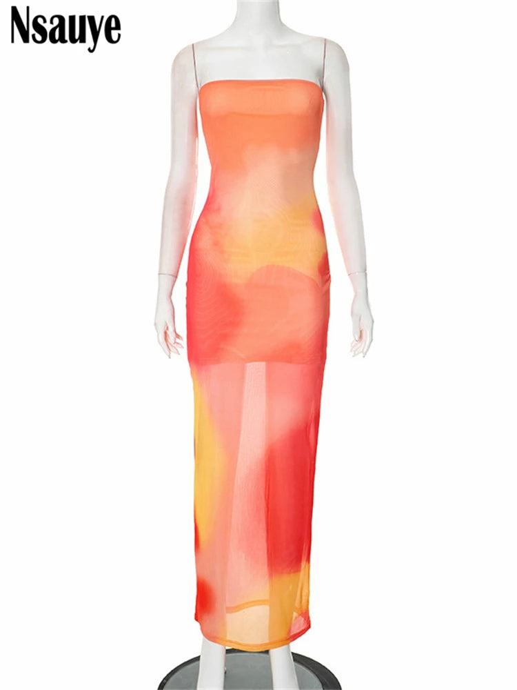 Nsauye Sexy Strapless Print Long Dress Women Strapless Print Off Shoulder Stretch Mesh Maxi Sundress Summer 2025 Beach Party Y2K