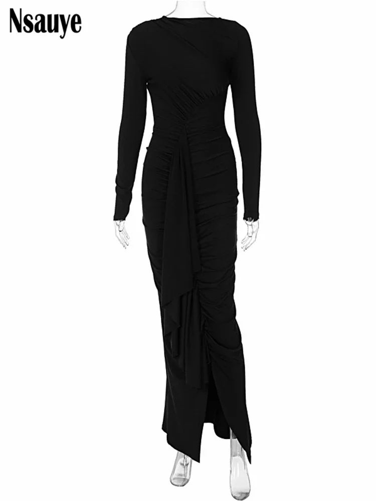 Nsauye Black Ruched Tie Up Elegant Maxi Dress Club Party Long Sleeve Bodycon Evening Long Dresses Women Fashion Winter 2023