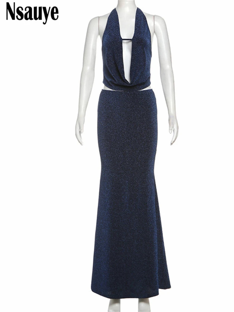 Nsauye 2025 Spring New Glitter Party Outfits Women Outfits Sleeveless Crop Tops+High Waist Long Skirt Suit 2 Piece Matching Sets