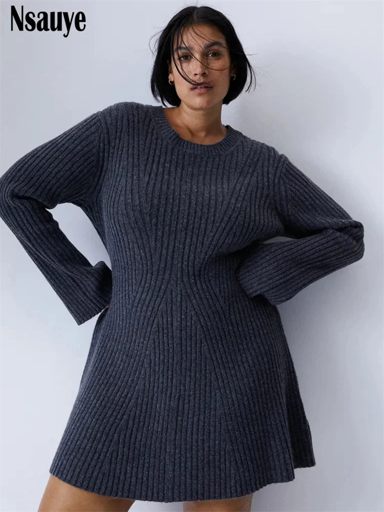 Nsauye 2023 Winter Knitted Sweater Long Sleeve O Neck Warm Slim Mini Dress Fashion Elegant Women Party Ladies Pullover Dresses