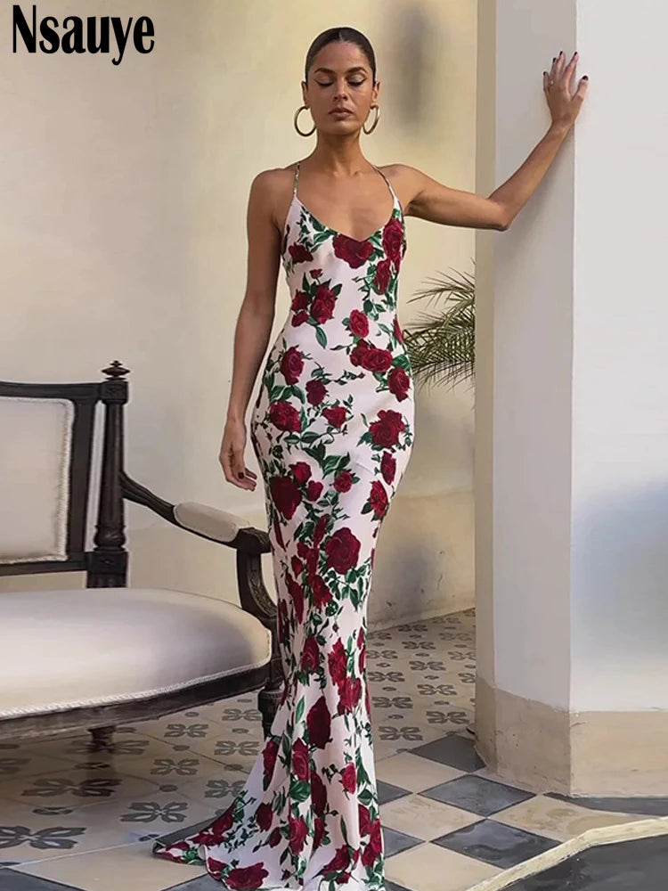 Nsauye Chic Fashion Sexy Night Club Spaghetti Strap Dress Long Women Summer Flowers Print Elegant Evening Party Maxi Dress 2025