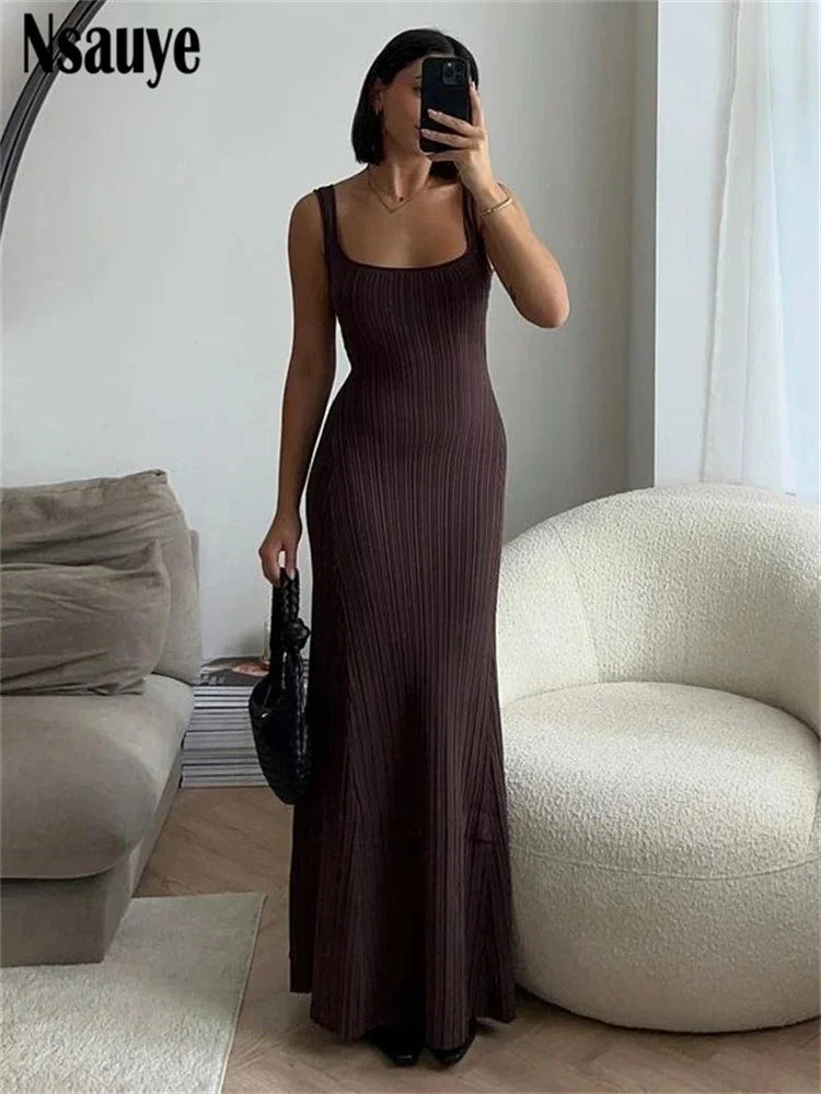 Nsauye Knitted Elegant Women Sexy Backless Beach Dress Club Party Night 2024 Spring Summer Female Backless Vacation Long Dresses