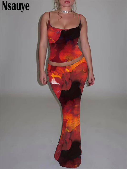 Nsauye Women Party Sexy Skirt Dress New In Matching Two Piece Set Outfits 2025 Summer Tie-Dye Print Crop Top Long Club Skirt Set