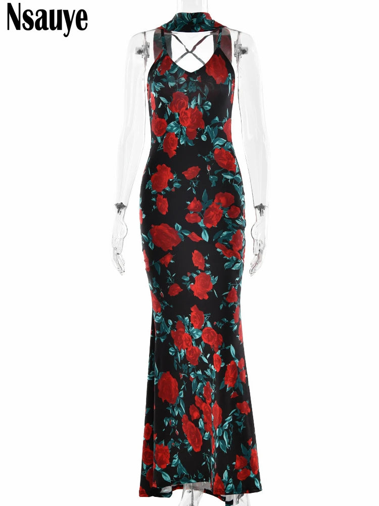 Nsauye Chic Fashion Sexy Night Club Spaghetti Strap Dress Long Women Summer Flowers Print Elegant Evening Party Maxi Dress 2025