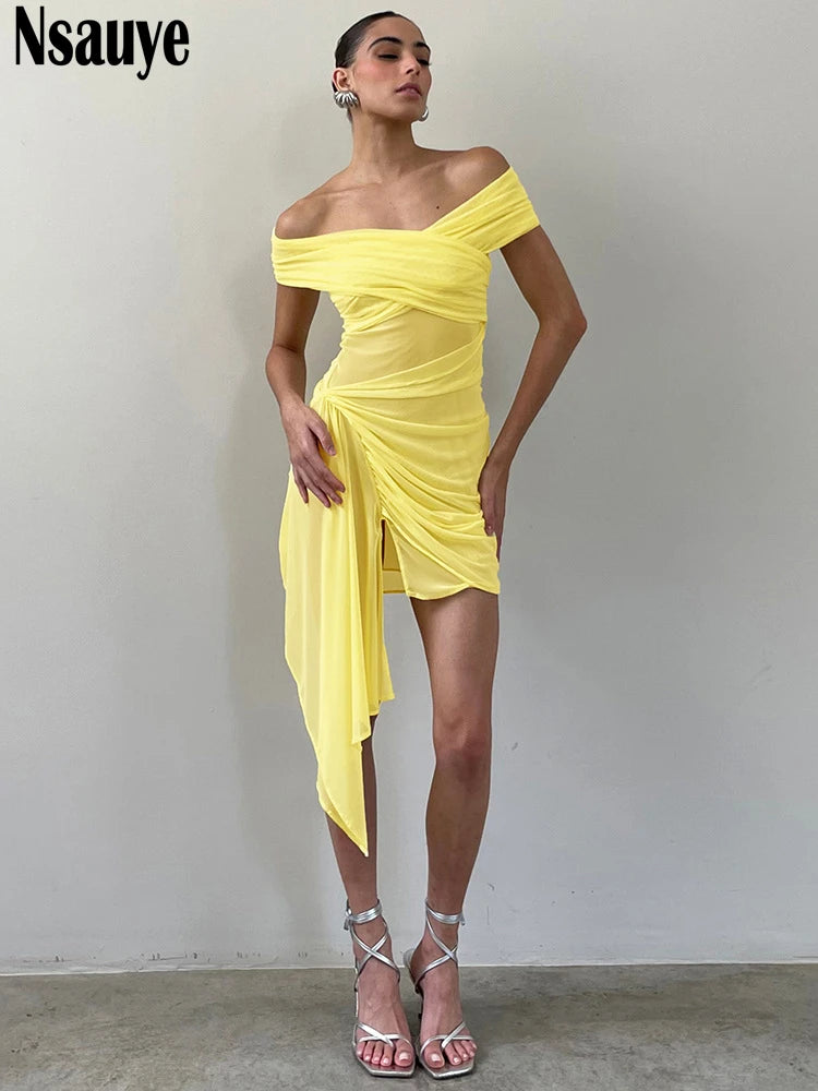 Nsauye Women Clothing Fashion Elegant Irregular Sexy Club Evening Party Dress Summer 2025 Off Shoulder Mini Pullover Mesh Dress