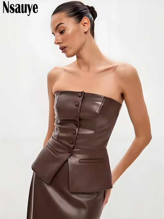 Nsauye Pullover Women Single Breasted Sexy strapless Leather Vest Night Club Mini Tank Tops Skinny Fashion Summer Crop Tops 2025