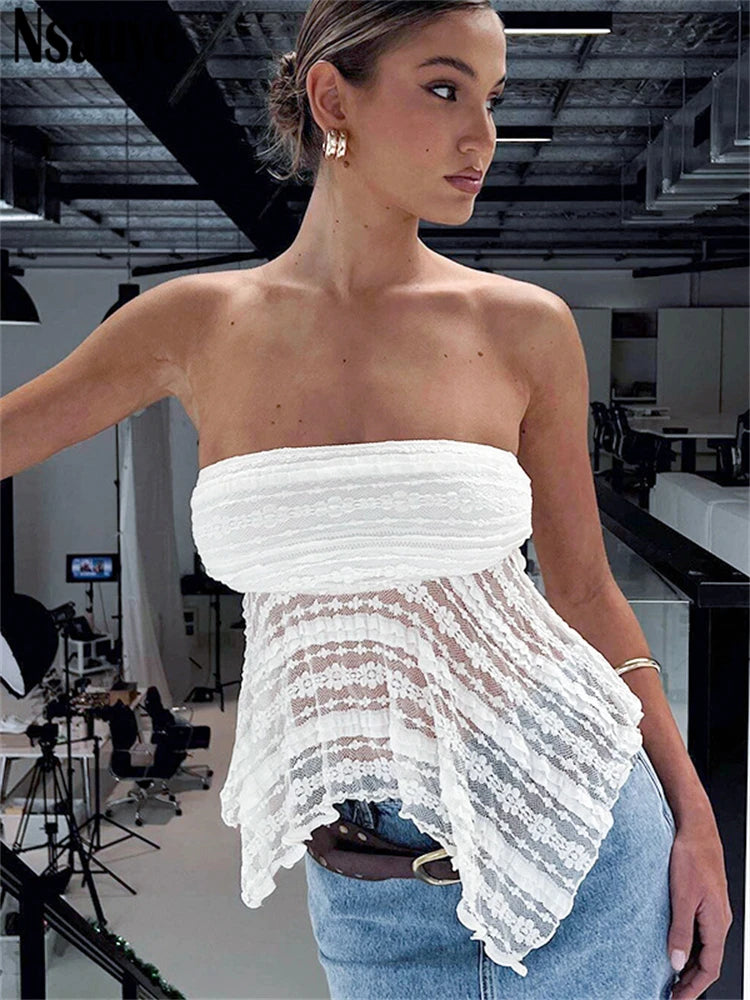 Nsauye 2025 Summer Lace Print Strapless Off Shoulder Crop Top Sexy Club  Women Skinny Sleeveless Tank Tops Mini Vest Y2K Clothes