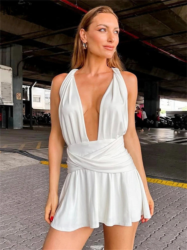 Nsauye 2025 Spring New Sleeveless Halter Slim Mini Dress Women Outfit Vintage Elegant Ladies Low Cut Solid Fashion Party Dresses