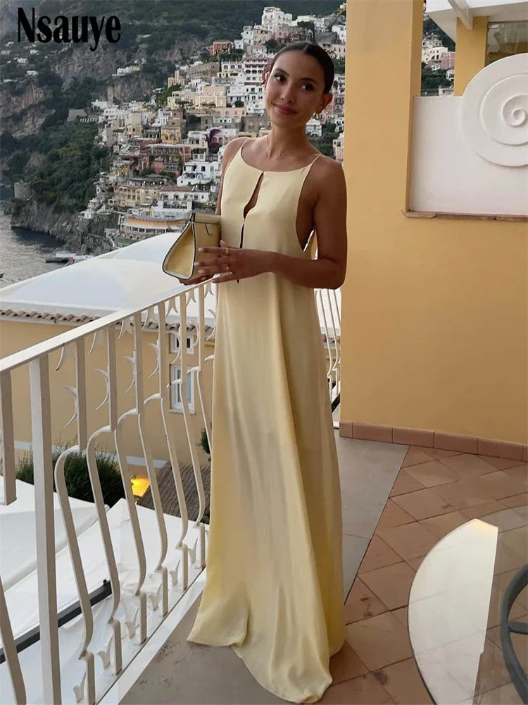Nsauye Autumn Summer Satin Spaghetti Strap Sexy Backless Long Dresses Women Evening Party Club Elegant Sleeveless Night Sundress