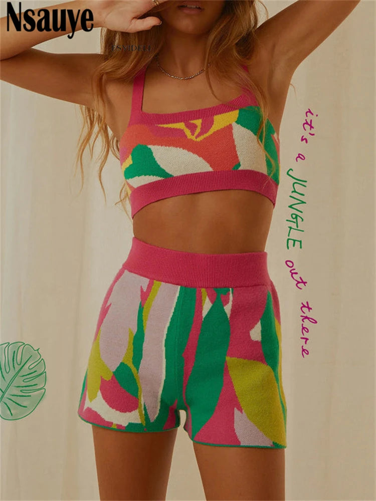 Nsauye 2022 Summer Knitted Print Sports Shorts Suit Tracksuit Women Sexy Beach Outfits Strap Top High Waist Shorts Two Piece Set