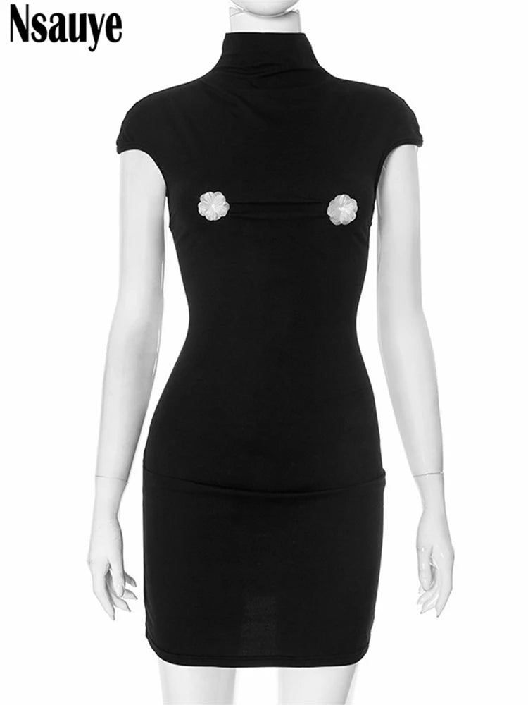 Nsauye Women Sexy Pullover Turtleneck Black Night Club Party Evening Short Dress Summer Basic Casual 2025 Elegant Fashion Dress