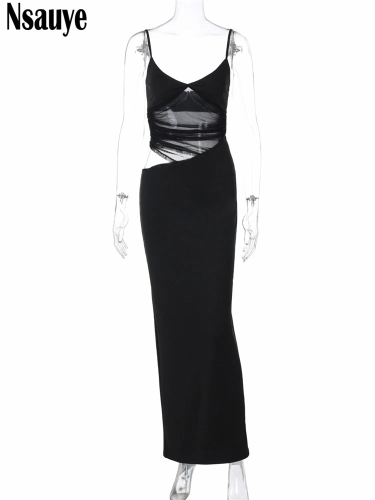 Nsauye Low Cut Out Sexy Night Club Backless Fashion Elegant Dress Women Clothes Evening Party Mesh Long Bodycon Dress 2025 Maxi