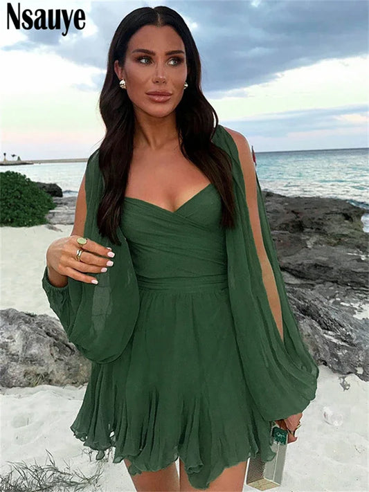Nsauye Summer Long Sleeve Dress Bandage Casual Women Mini Sexy Mesh Fashion Party Evening Elegant Club Holiday Beach Dress 2024