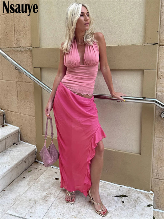 Nsauye Low Waisted Cut Out Women Fashion Mesh Halter Summer Ruffles Beach Dress Long 2025 Sexy Off Shoulder Party Club Dress