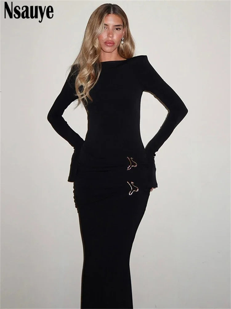 Nsauye Women Dress Long Sleeve Bodycon New Fashion Maxi Ruched Sexy Night Club Holiday Birthday Party Elegant Dress Autumn 2024