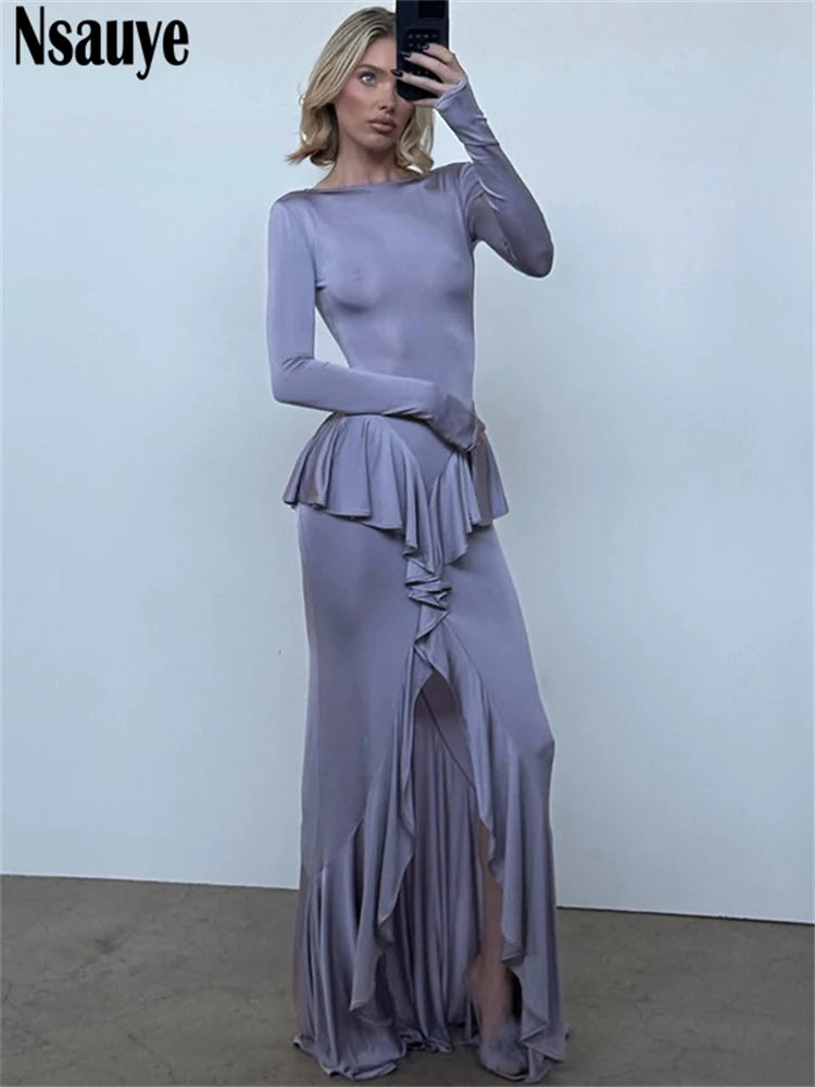 Nsauye 2025 Summer Sexy Backless Ruffles Long Sleeve Maxi Dress Women Clothes Outfits Vestidos Party Night Club Elegant Dress