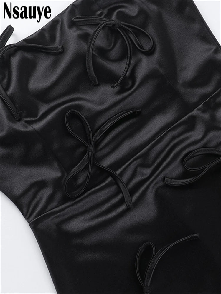 Nsauye Women Summer Strapless Bow Satin Slim Mini Dress Club Party Birthday Elegant Sleeveless Backless Dresses Vestidos 2025