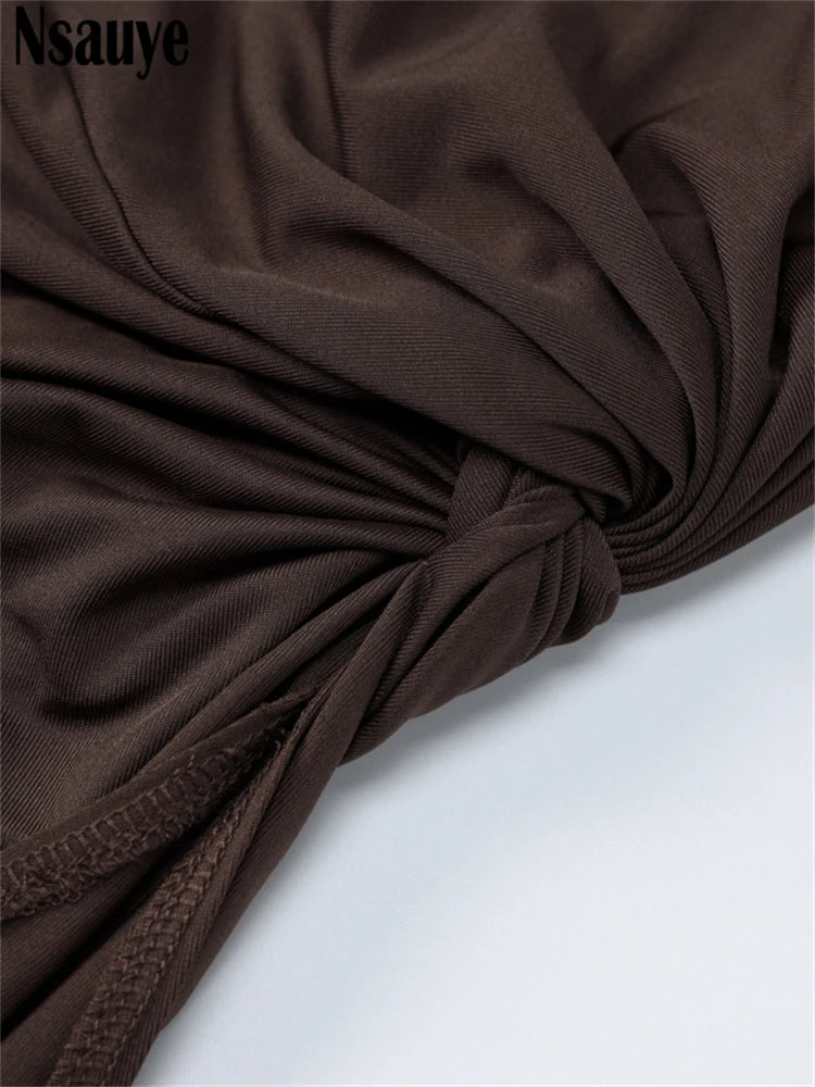 Nsauye Casual High Split Ruched Women Fashion Autumn Brown Maxi Dress Long Sleeve Holiday Evening Party Dress Night Club 2024