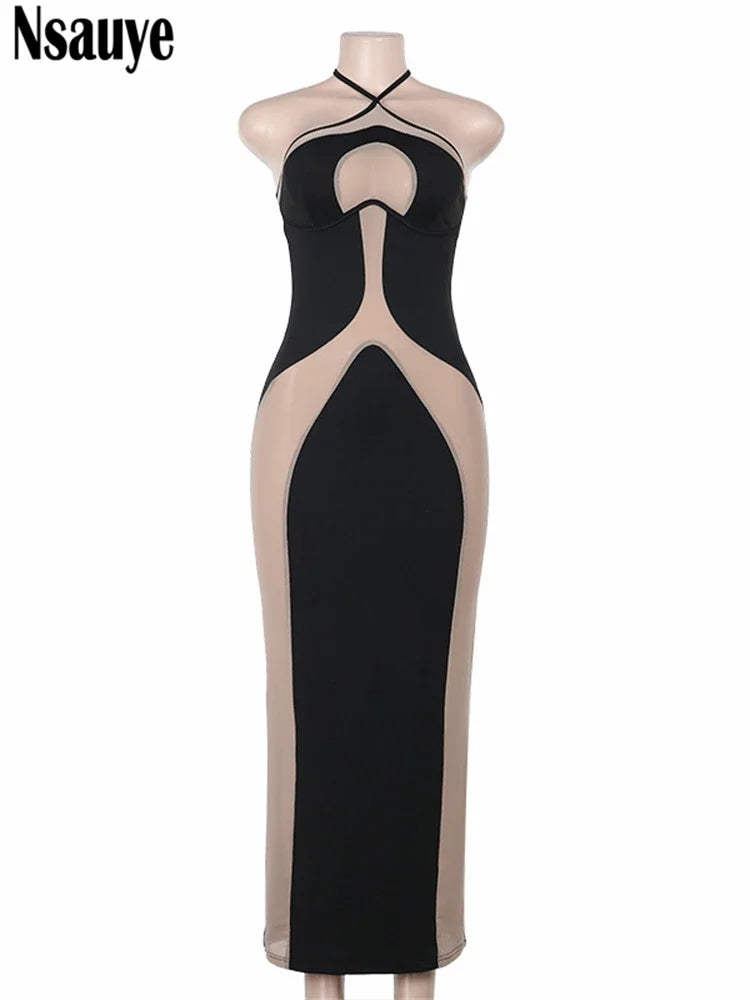 Nsauye Sexy Halter Women Night Club Y2K Striped Evening Party Long Dress Bodycon Backless Chic Fashion Elegant Hollow Out Dress