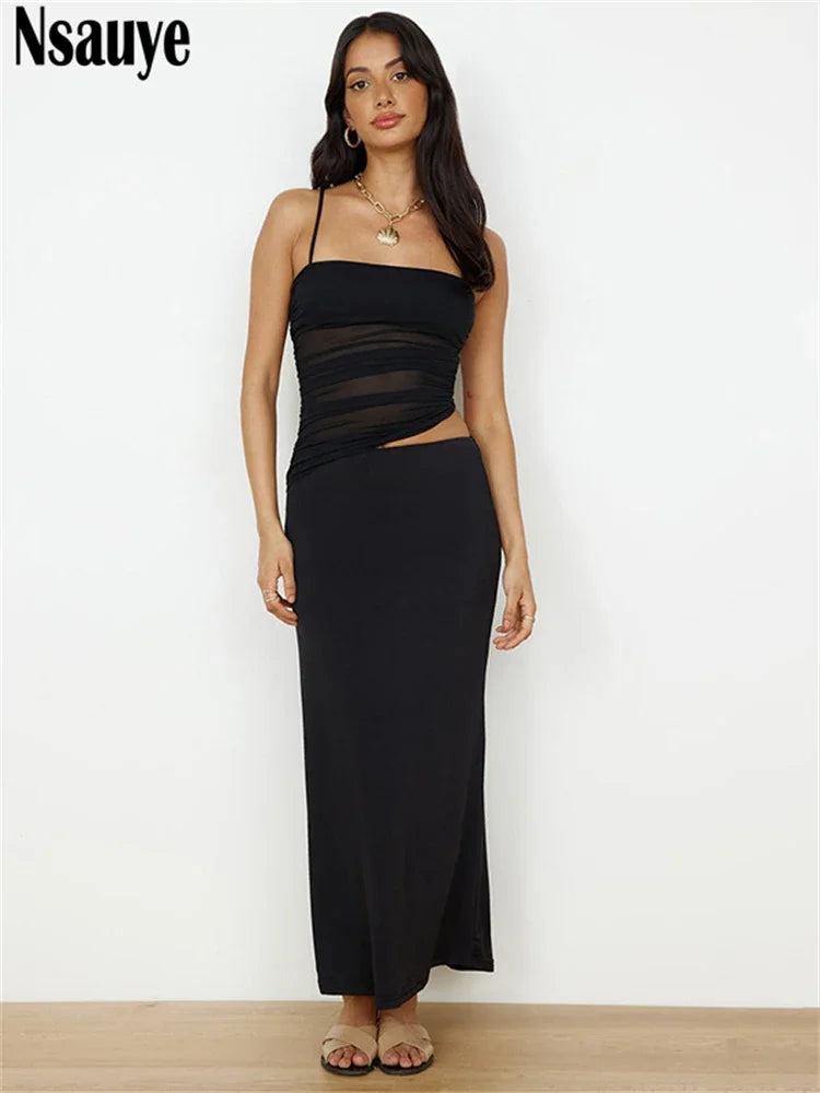 Nsauye Women Sexy Club Two Piece Set Summer Fashion Sleeveless Crop Tops And Long Party Elegant Dress Skirt Set Outfits 2024