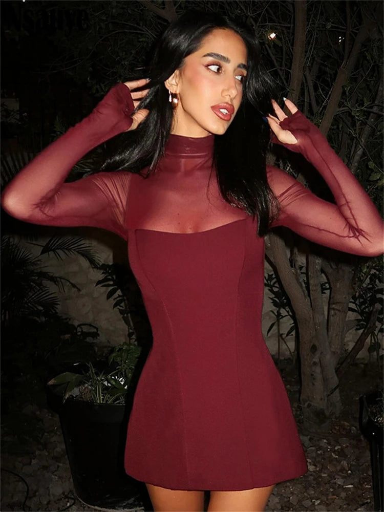 Nsauye Sexy Pullover Women Night Club Turtleneck Mesh Long Sleeve Evening Party Short Dress 2025 Fashion Elegant Summer Dress