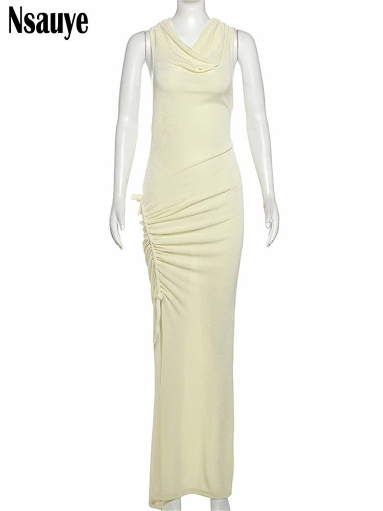 Nsauye Chic Elegant Drawstring Ruched Sleeveless Long Dresses Women Clothing Summer Party Evening Split Birthday Vestidos 2025