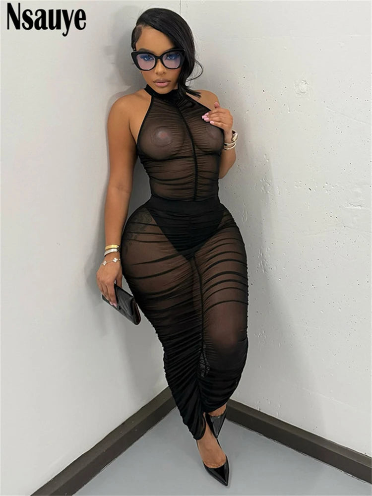 Nsauye Summer 2025 Fashion High Waisted Sexy Club Bodysuit Tops Ruched Long Dress Skirt New In Matching Two Piece Set Outfits