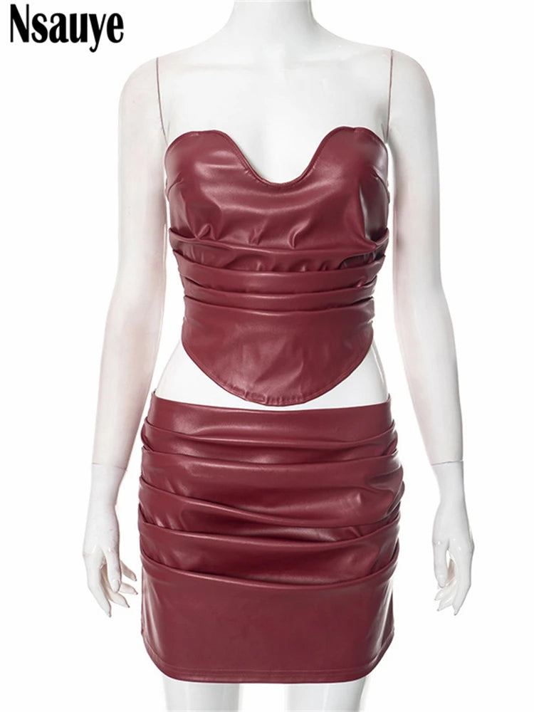 Nsauye Women High Streetwear Fashion Y2K Leather Corset Crop Tops 2025 Summer Sexy Club Mini High Waisted Skirt Two Piece Set