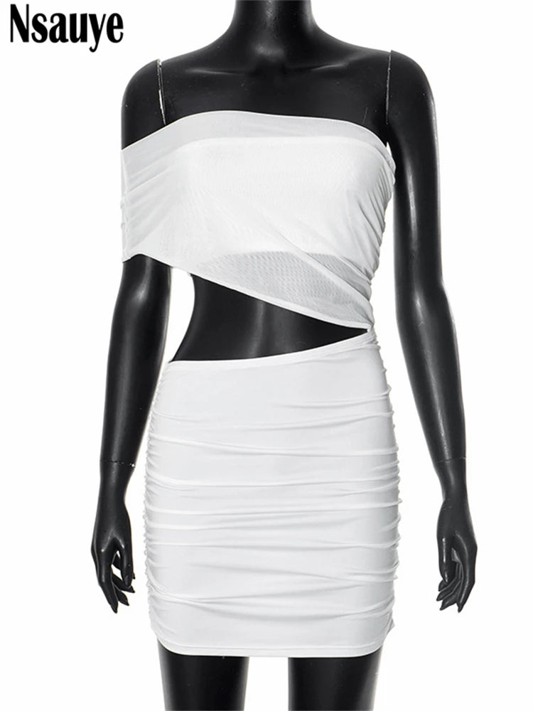Nsauye Women Sexy Mesh Summer Mini Bodycon Evening Party Dress Night Club Fashion 2025 Hollow Out Short Dress Sleeveless Outfits