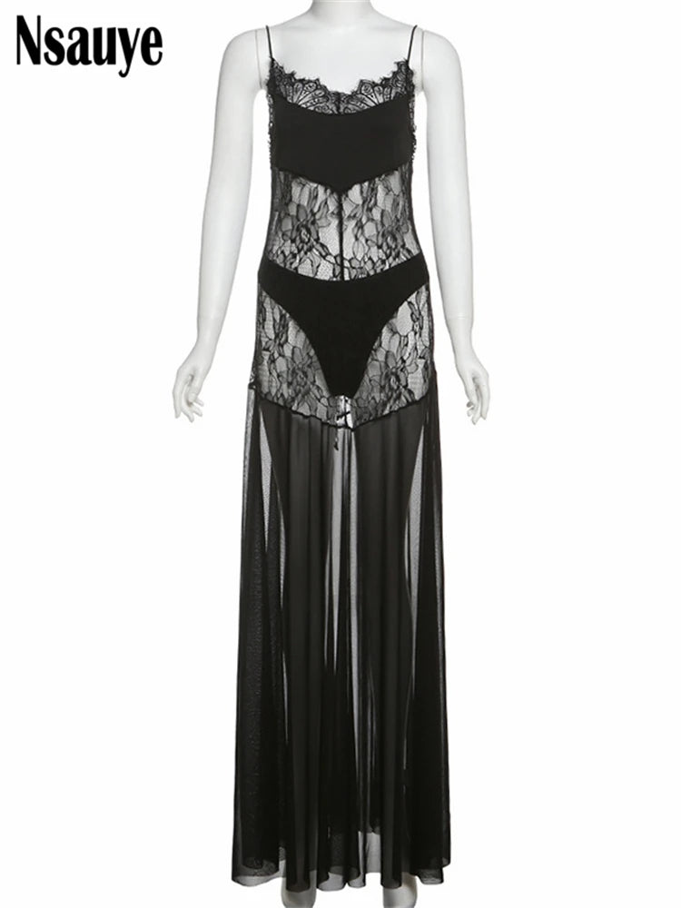 Nsauye 2025 Summer New Sexy Lace See Through Hollow Out Black Long Dresses Night Club Women Party Evening Sleeveless Maxi Dress