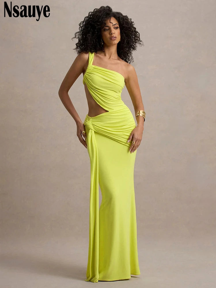 Nsauye One Shoulder Women Elegant Fashion Dress Long Sexy High Split Holiday Evening Party Club Hollow Out Dress 2025 Summer