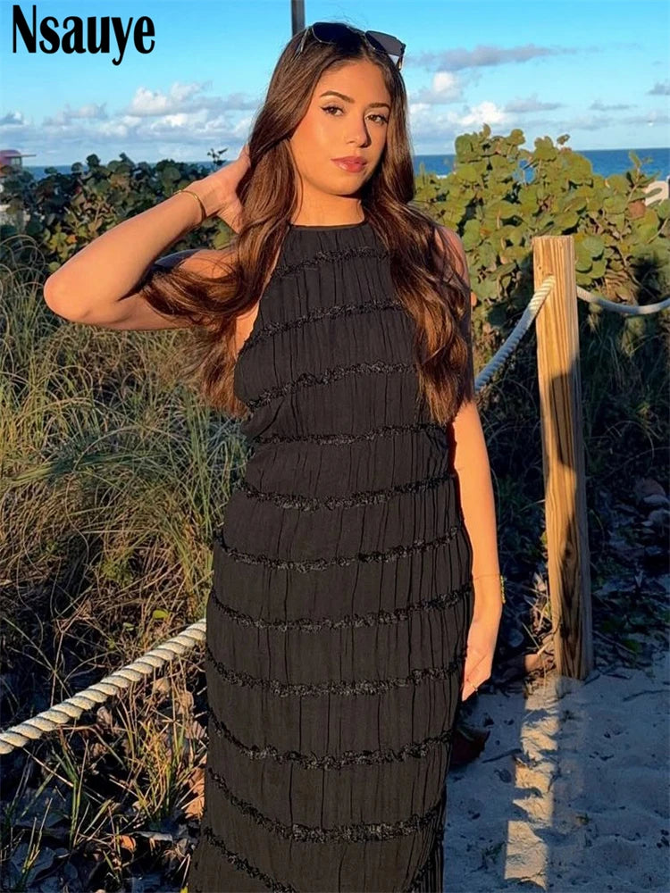 Nsauye Women Sexy New Fashion Pleated Halter Long Summer Vacation Dress Casual Beach 2025 Night Club Evening Party Dress Elegant