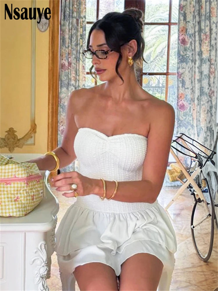 Nsauye Kawaii Cute Ruffles Sleeveless Strapless A-Line Dress Club Summer Holiday Beach Party Evening Short Dresses Women 2025