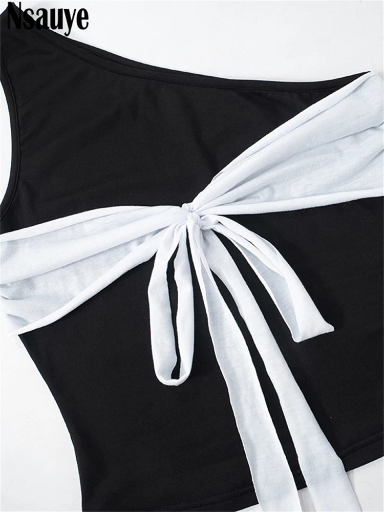 Nsauye One Shoulder Sleeveless Bow Fashion Crop Top Sexy Club Sexy Women Y2K Clothes 2025 Backless Tank Tops Female Streetwear