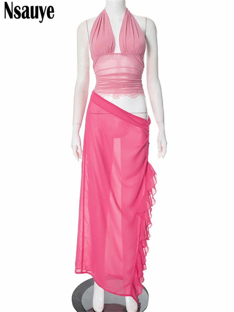 Nsauye Low Waisted Cut Out Women Fashion Mesh Halter Summer Ruffles Beach Dress Long 2025 Sexy Off Shoulder Party Club Dress