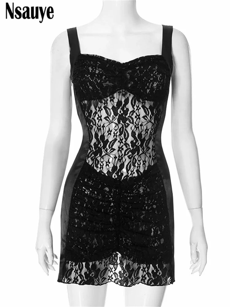 Nsauye Women Sexy Spring Mini Dress 2025 Mini Dress Sexy Bodycon Club Party High Waist Lace Dresses Short Solid Sheath Sundress
