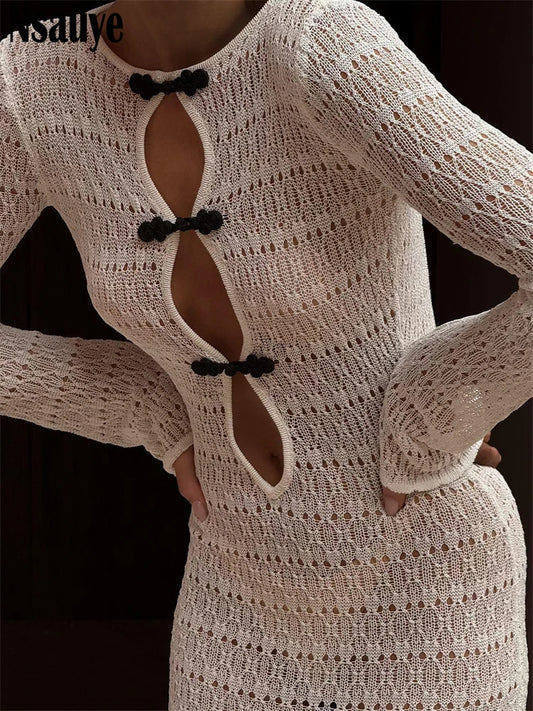 Nsauye Holiday Beach Elegant Dress Long 2025 Women Sexy Hollow Out Knitted Sexy Night Club Evening Party Long Sleeve Dress