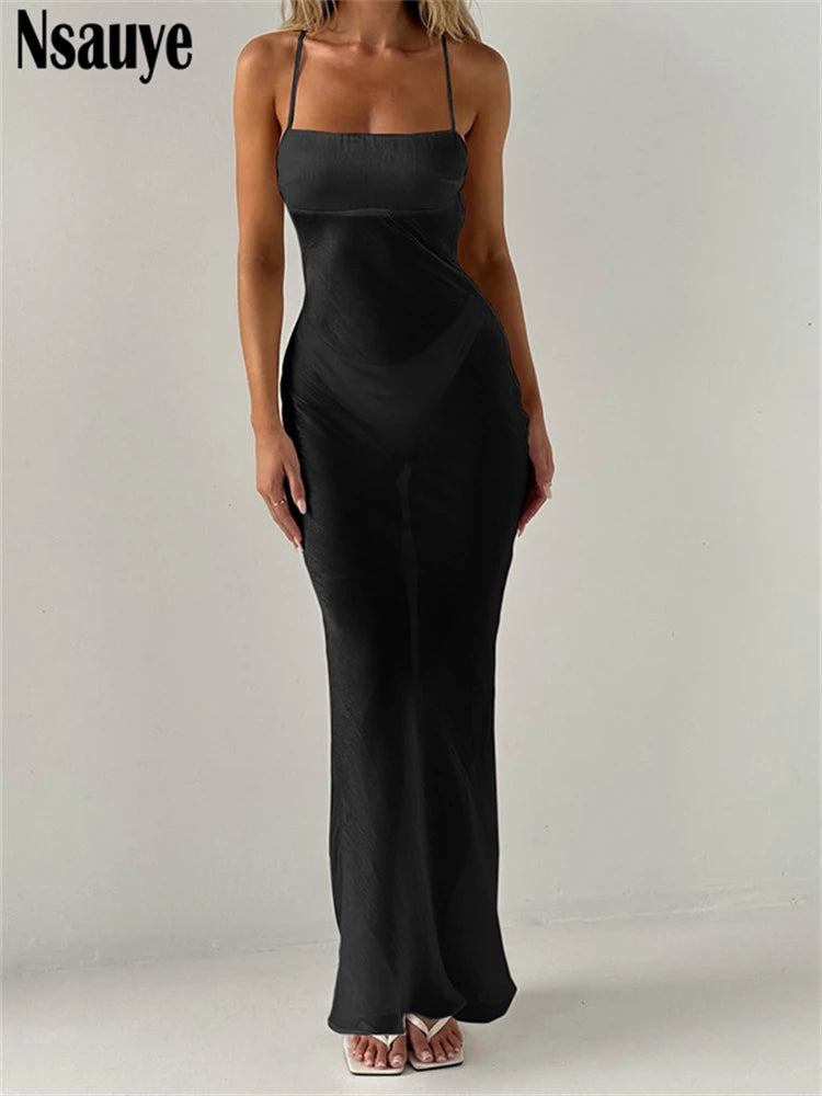 Nsauye 2025 Fashion Solid White Backless Sexy Backless Bodycon Maxi Dress Summer Women Sleeveless Beach Party Vacation Club