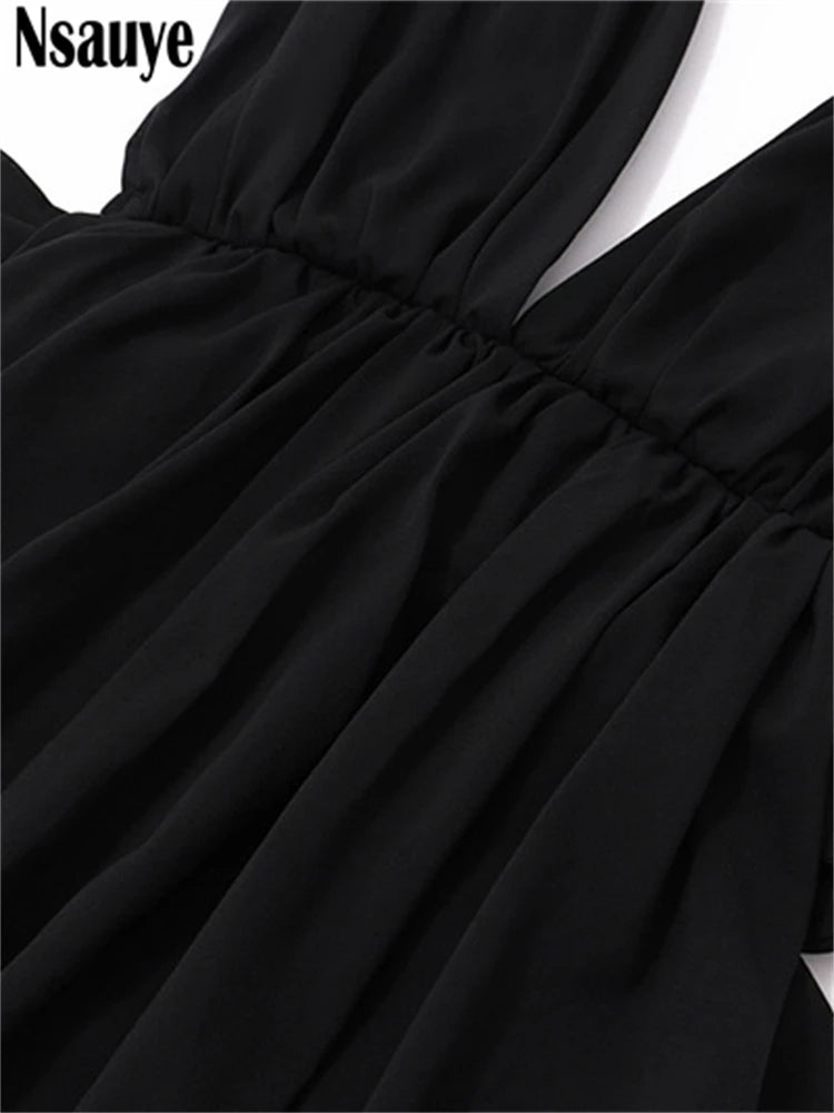 Nsauye Sexy Women Halter Maxi Night Club Elegant Pleated Dress Low Cut Out Backless Long Evening Party Fashion A-Line Dress 2025