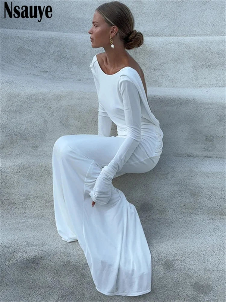 Nsauye Women Prom Dress Wrap Sexy Backless Beach Holiday Fashion Elegant Long Sleeve Wrap Evening Party Night Club Dress 2024