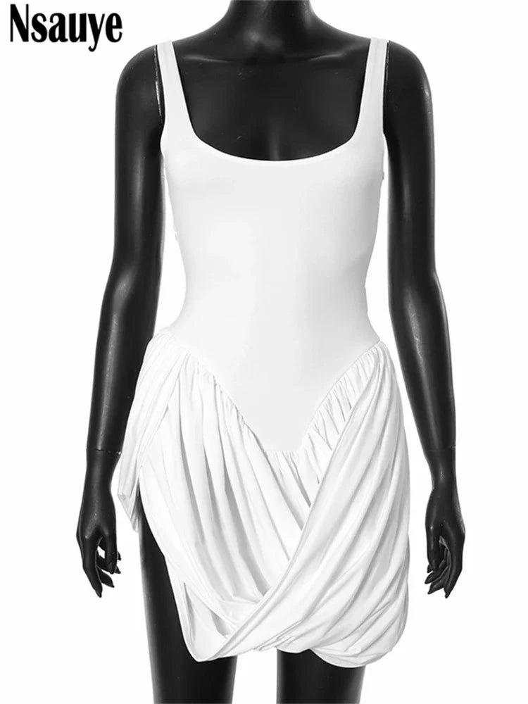 Nsauye Sexy Women High Split Fashion Party Evening Night Club Wrap Y2K White Dress Summer 2024 Sleeveless Casual Beach Dresses