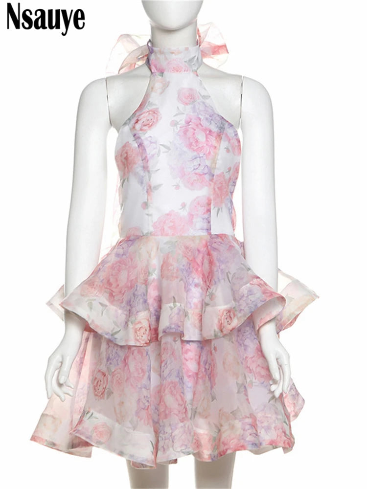 Nsauye New Spring Fashion Summer Elegant Party Short Dress For Women Sexy Flowers Halter Evening Night Club A-Line Dress 2025