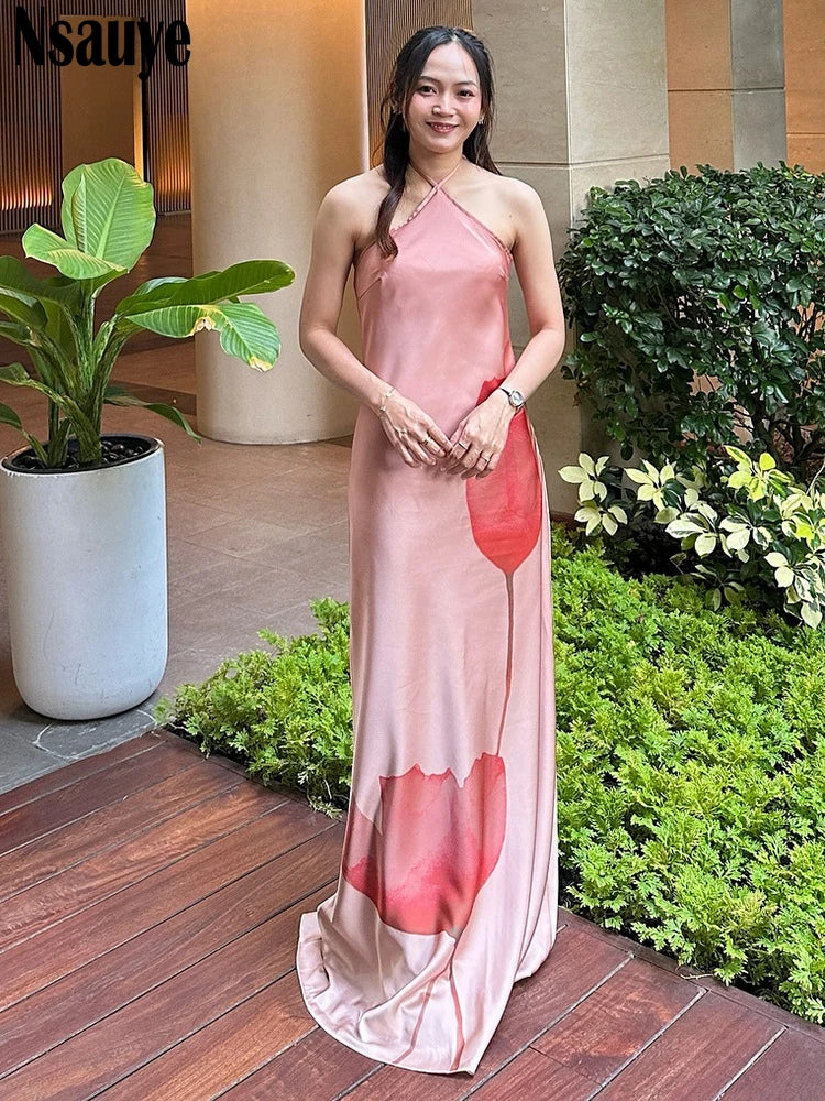 Nsauye 2025 Summer Halter Backless Women Clothes Elegant A-Line Skinny Floral Casual Holiday Party Sexy Club Evening Dresses