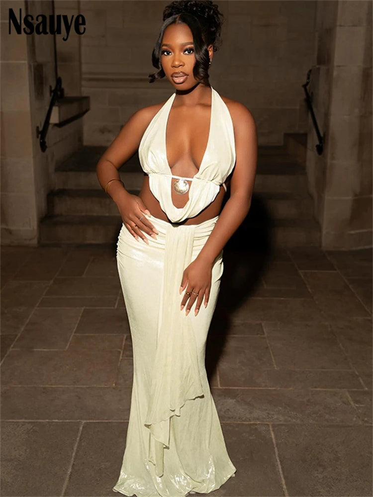 Nsauye 2025 Summer Elegant New In Matching Sets Halter Crop Tops+High Waist Long Skirt Holiday Party 2 Piece Set Women Outfits