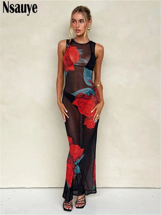 Nsauye Fashion Floral Printed O Neck Chic Mesh See Through Women Sexy Dress Evening Holiday Beach Summer Party Club Long Dress