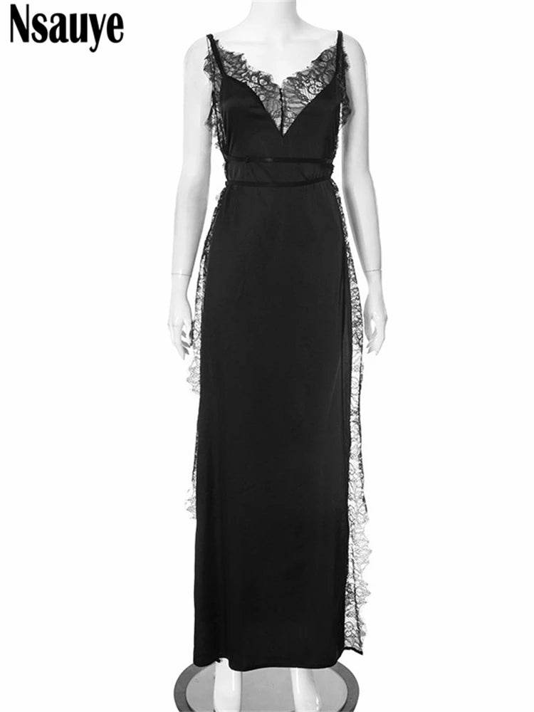 Nsauye Dress For Women Summer Elegant Backless Lace Satin Patchwork Sexy Night Club Evening High Split Party Fashion Dress 2025