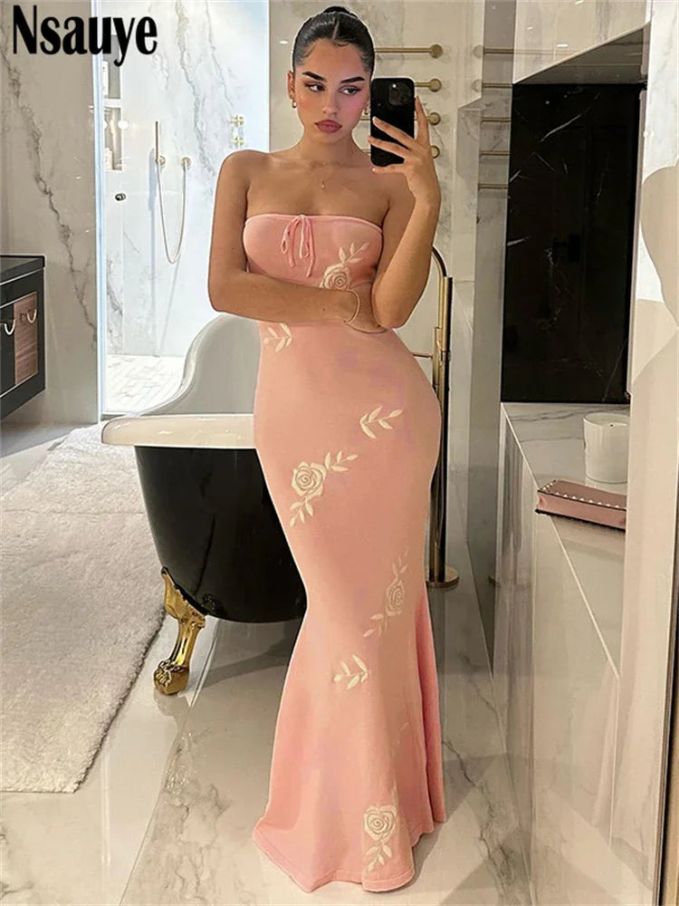 Nsauye Sexy Off Shoulder Fashion Elegant Maxi Bodycon Women Dress 2024 Summer Pink Evening Holiday Party Night Club Dress Maxi
