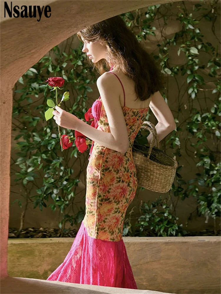 Nsauye 2025 Elegant Ruffles Sexy Spaghetti Strap Long Dress Summer Holiday Beach Party Club Floral Print Women Dress Fashion